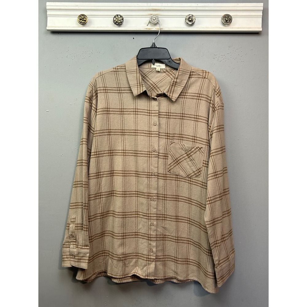 OTT Flannel Plaid Button Up Shirt Long‎ Sleeve Beige Brown Women's 2X